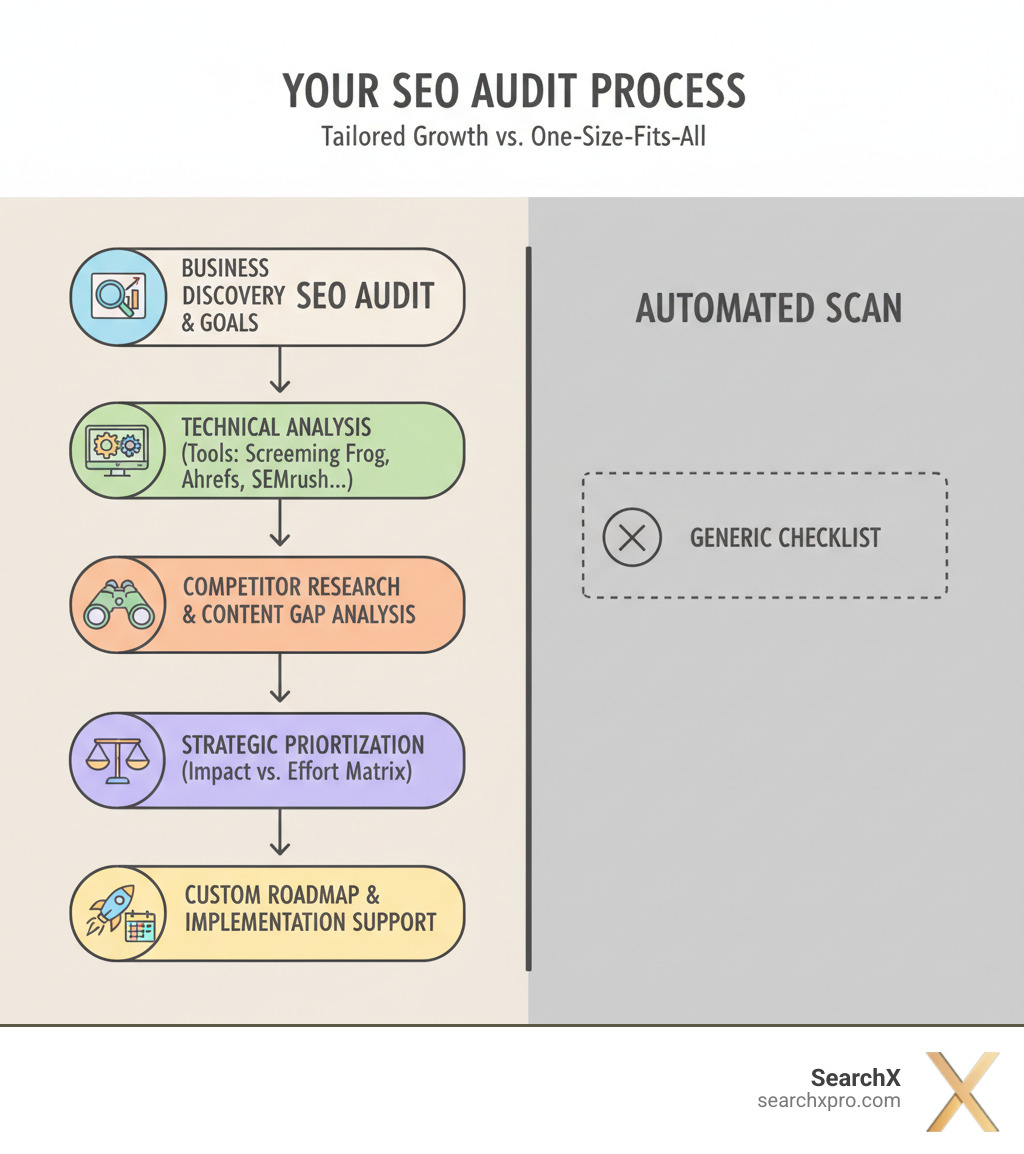 infographic showing the audit process: starting with business discovery and goals, moving through technical analysis with multiple tools, competitor research, content gap analysis, strategic prioritization by impact and effort, and ending with a custom roadmap and implementation support—contrasted with a simple automated scan that outputs a generic checklist - bespoke SEO audit infographic 