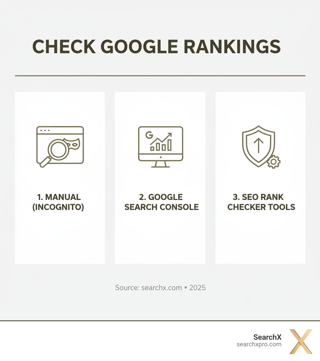 Infographic showing how to check Google rankings: 1. Manual (incognito), 2. Google Search Console, 3. SEO Rank Checker Tools - check website position on google infographic 