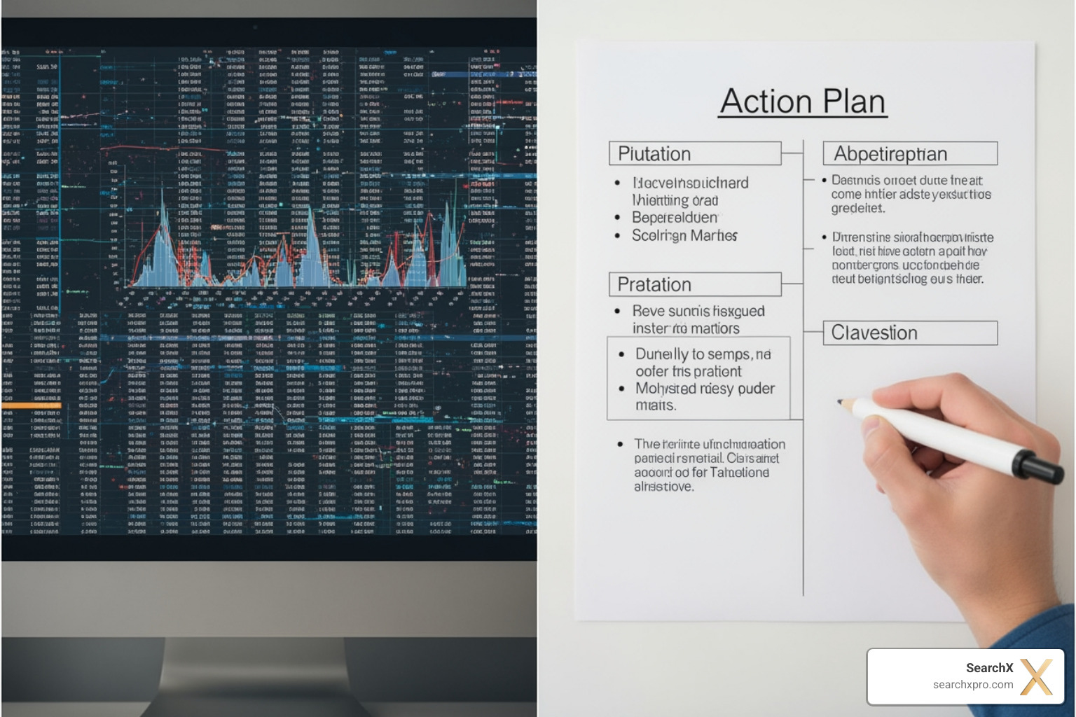 a generic, confusing automated tool report next to a clear, prioritized action plan - bespoke SEO audit