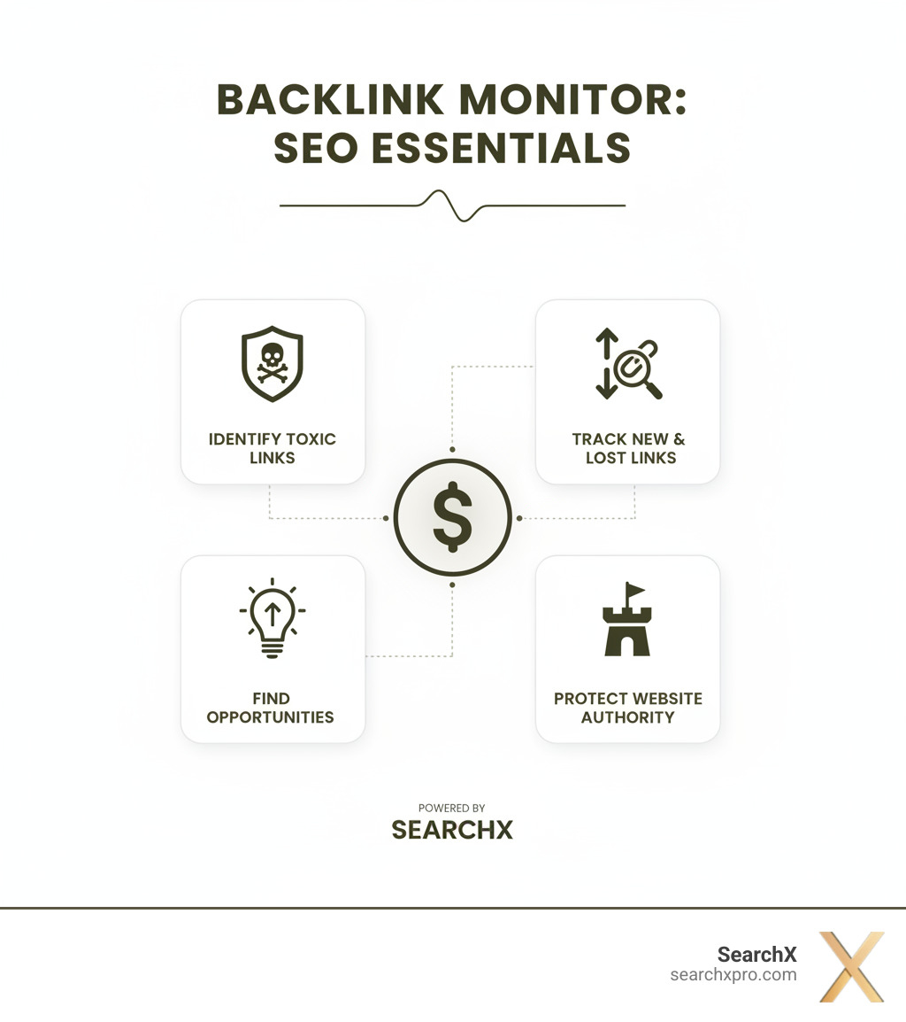 Infographic detailing the key reasons why a backlink monitor tool is essential for SEO, including identifying toxic links, tracking new and lost links, finding opportunities, and protecting website authority. - why use a backlink monitor tool infographic 