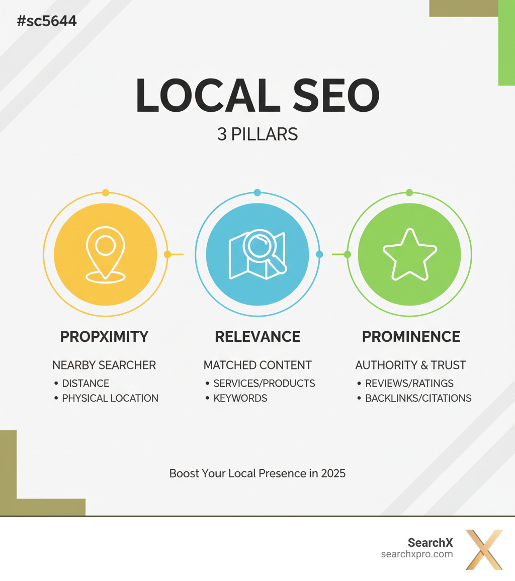 Infographic explaining the 3 pillars of local SEO: Proximity, Relevance, and Prominence - search engine optimization agencies north charleston sc infographic 