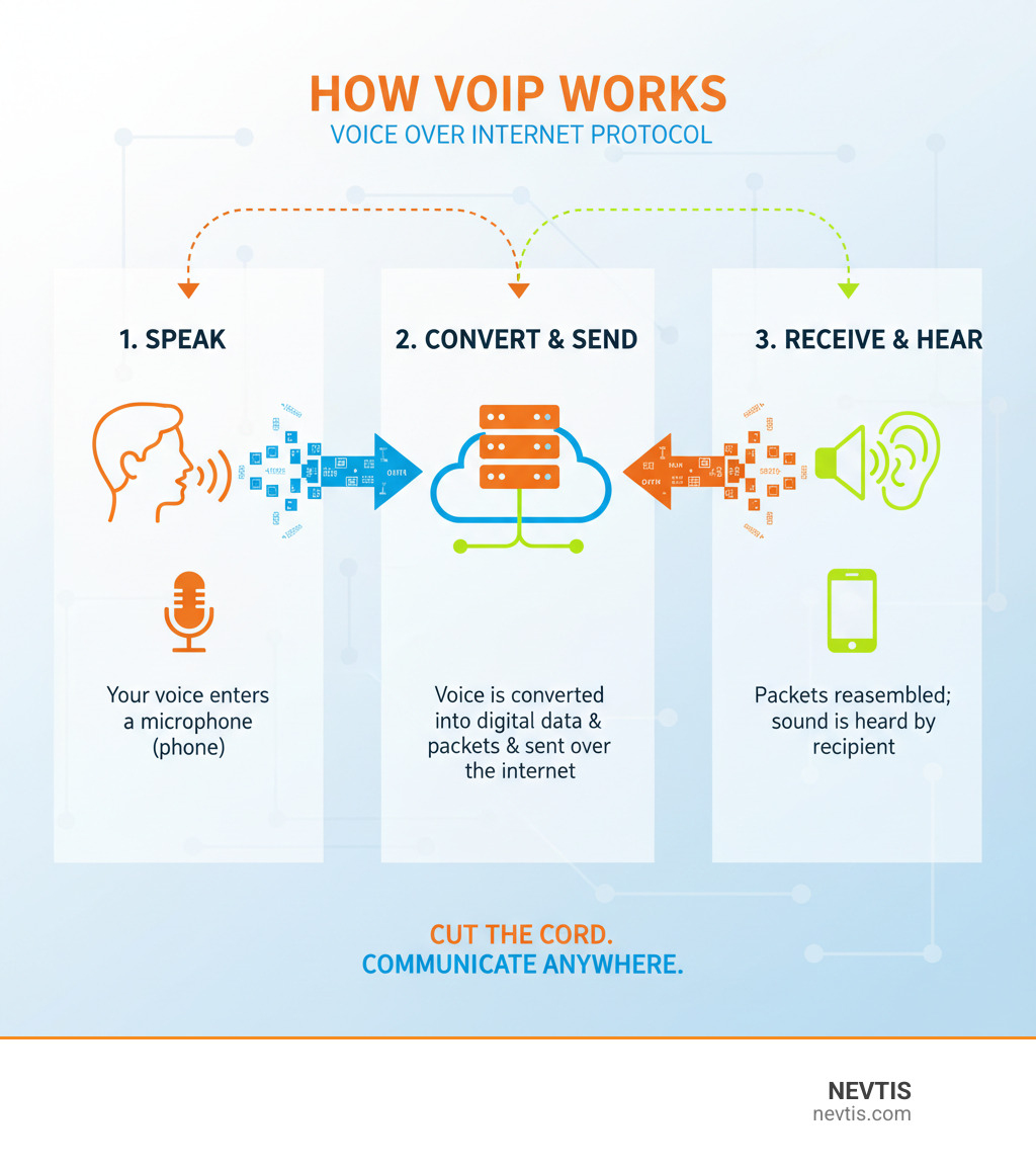 Infographic explaining how VoIP works by converting voice to data packets and sending them over the internet - voip online service infographic 