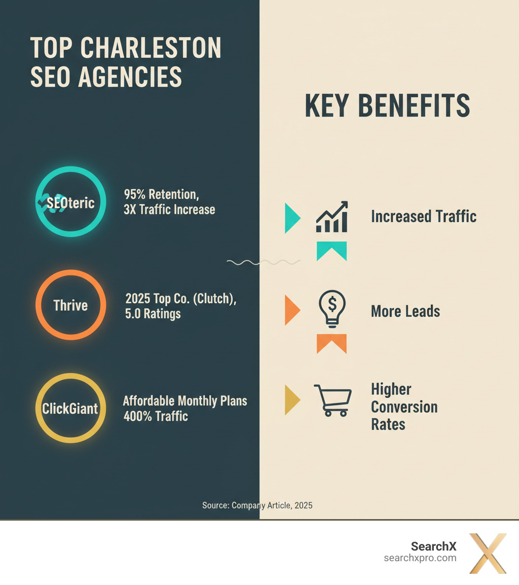 Infographic detailing top Charleston SEO agencies, their unique selling points, and key benefits like increased traffic, leads, and conversion rates - search engine optimization agencies charleston sc infographic 