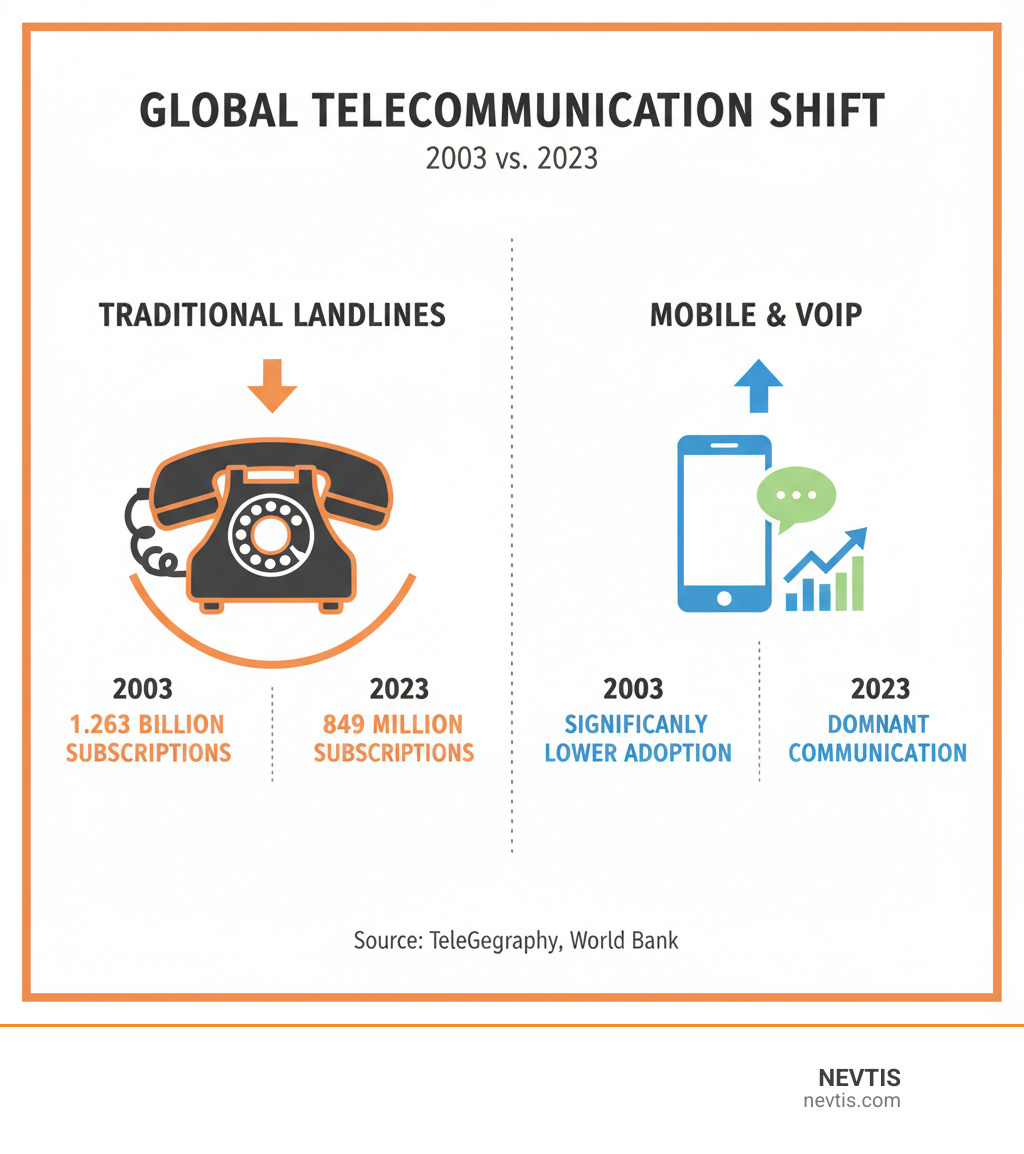 Infographic showing the global decline of traditional landline usage from 1.263 billion in 2003 to 849 million in 2023, contrasted with the significant rise in mobile phone and Voice over Internet Protocol (VoIP) adoption during the same period, illustrating the shift in telecommunication technology. - what is a landline infographic 