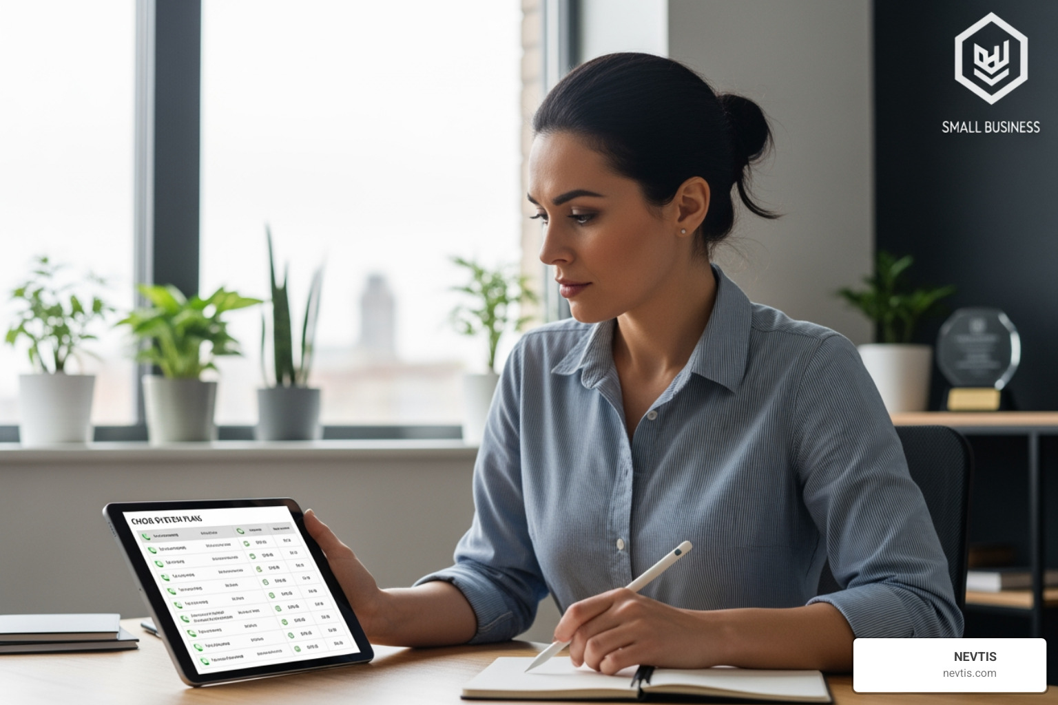 small business owner comparing phone system plans on a tablet - professional phone system