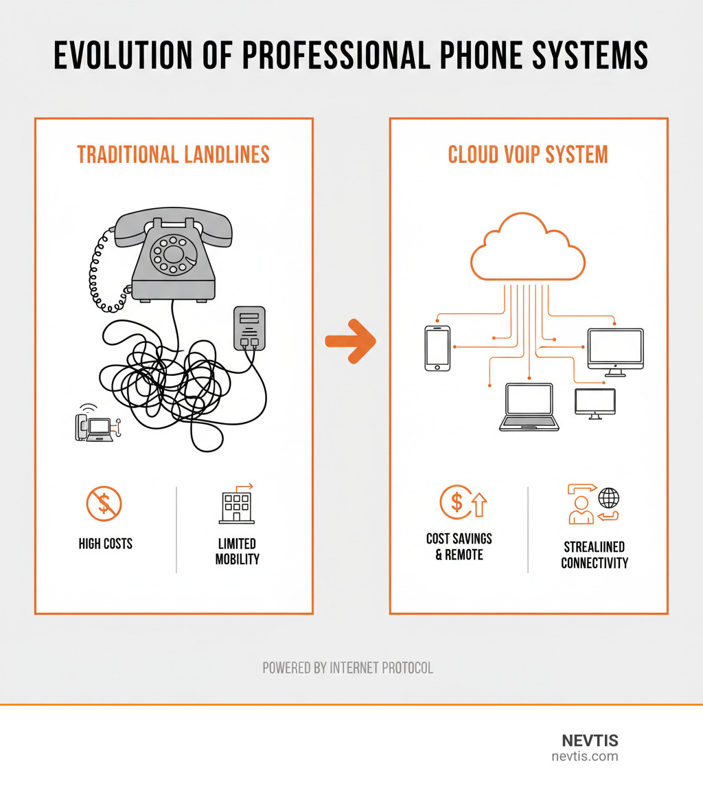 infographic explaining the evolution from traditional landlines with tangled wires to a streamlined cloud VoIP system connecting multiple devices - professional phone system infographic 