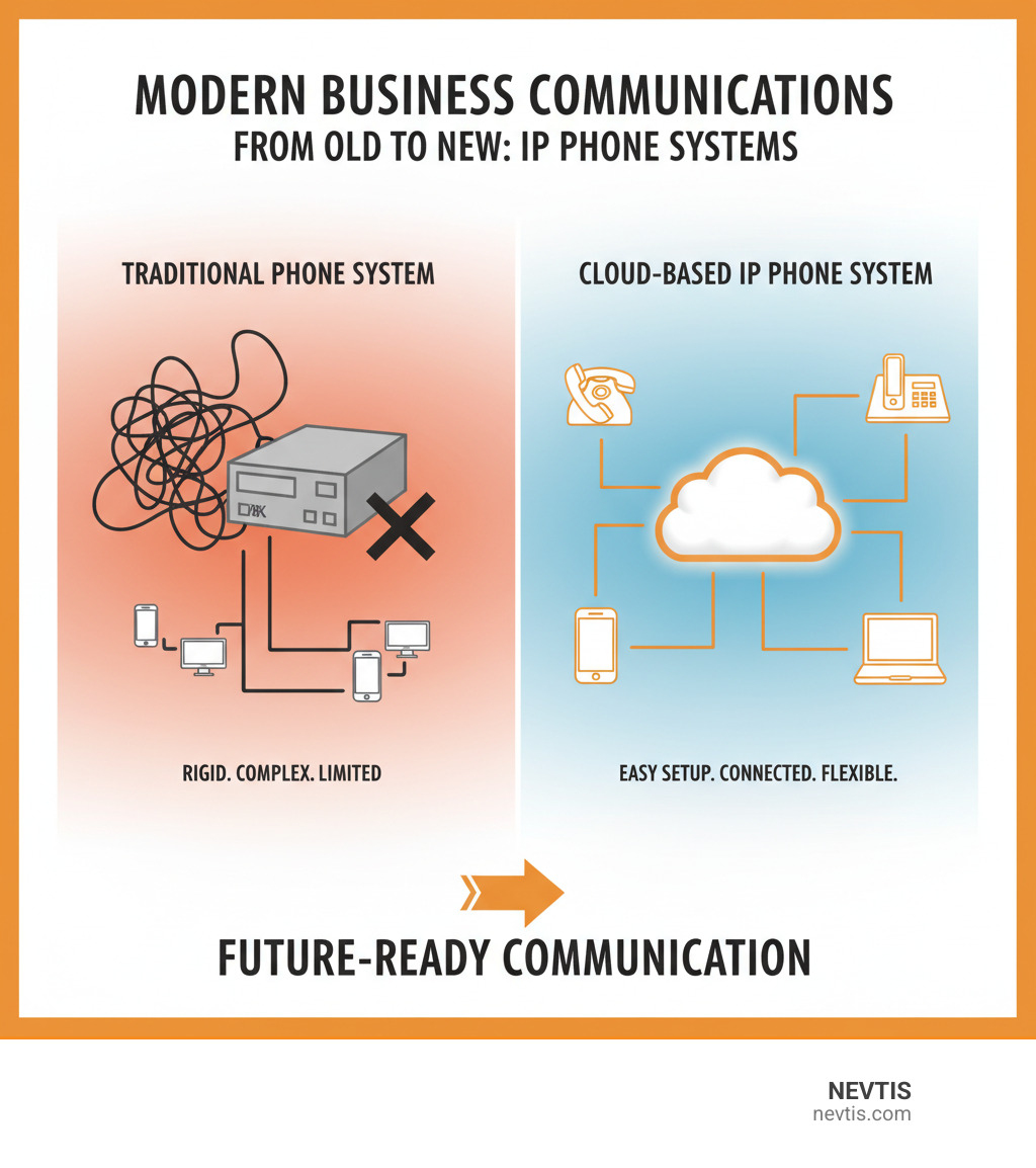 Infographic illustrating the transition from complex traditional phone systems to streamlined cloud-based IP phone systems, showcasing ease of connection to desk phones, mobile devices, and computers - small business ip phone systems infographic 