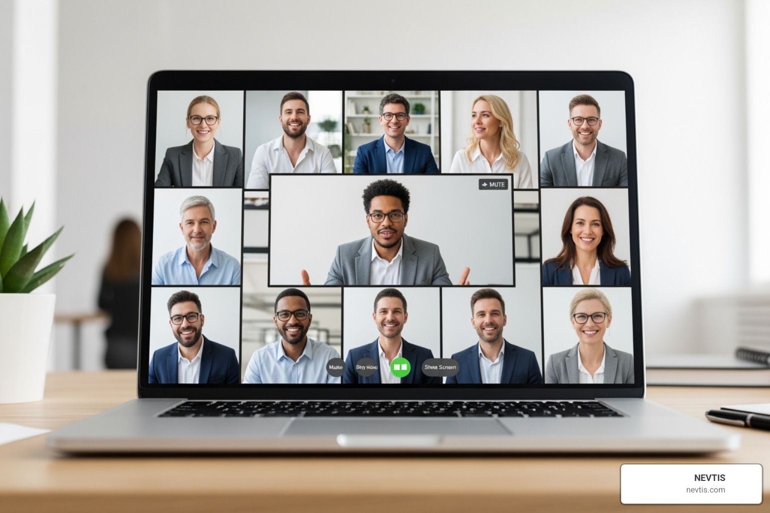 Image of a team video conference call on a laptop screen - small business ip phone systems