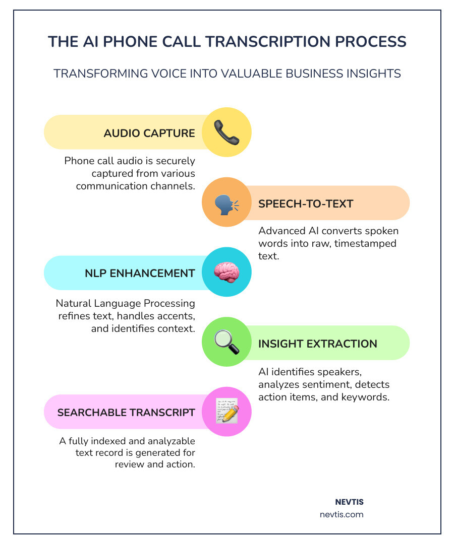 infographic showing the AI phone call transcription process from audio input through speech recognition and natural language processing to searchable text output with features like speaker identification, sentiment analysis, and action item extraction - ai phone call transcription infographic infographic-line-5-steps-colors