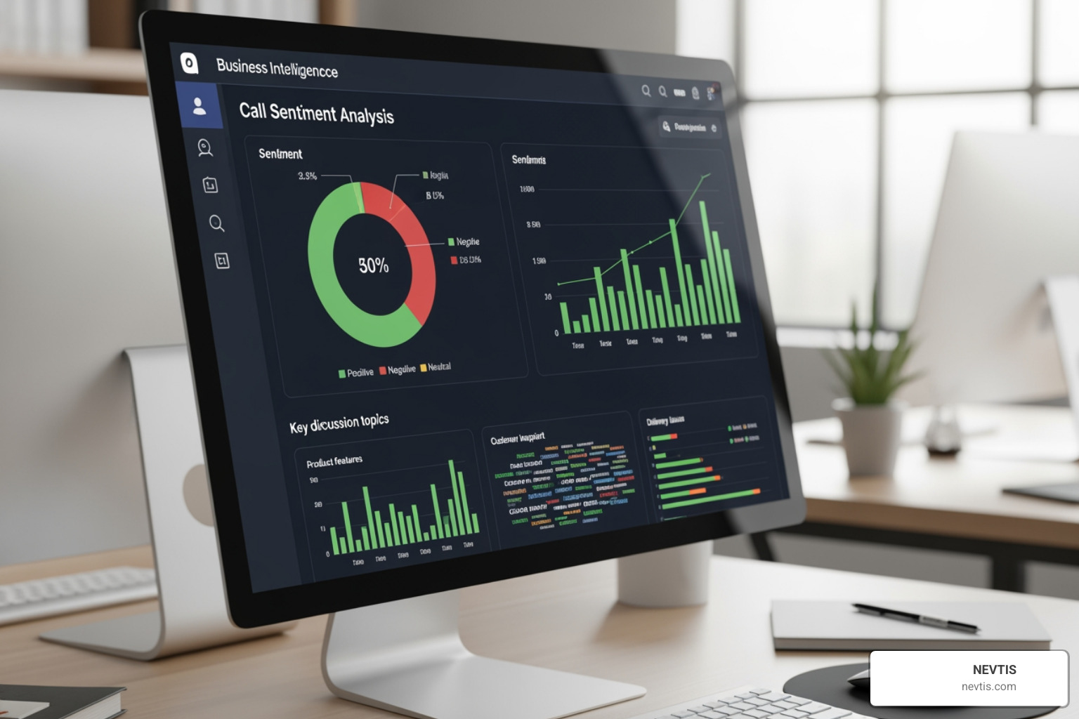 business intelligence dashboard showing call sentiment analysis and key topics - ai phone call transcription