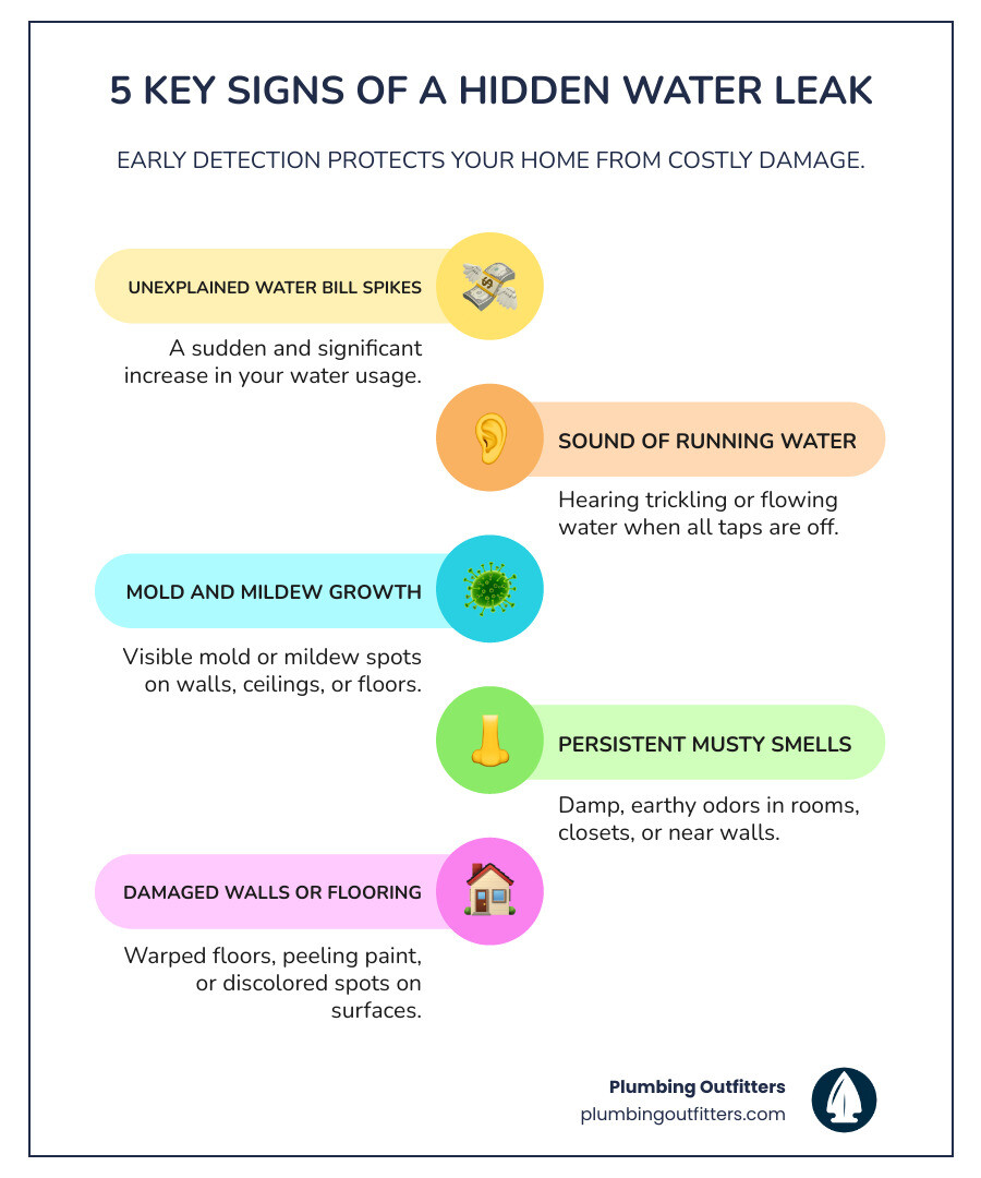 infographic showing five key signs of hidden water leaks including unexplained water bill spikes, sound of running water when fixtures are off, mold and mildew growth, musty odors in closets or near walls, and discolored or warped flooring and walls - "Who are the best leak detection specialists in Cedar Park?" infographic infographic-line-5-steps-colors 5 key signs of a hidden water leak infographic highlighting unexplained water bill spikes, sound of running water, mold and mildew growth, persistent musty smells, and damaged walls or flooring, with Plumbing Outfitters branding.