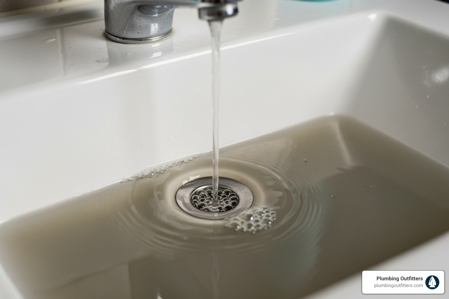 Infographic explaining the top 5 signs you have a serious drain clog, including slow drainage, gurgling noises, water backing up, foul odors, and multiple clogged fixtures. - Find a reliable plumber in Hutto for a clogged drain." Clogged kitchen sink with murky water and running faucet, illustrating common drain issues for homeowners in Hutto, Texas, related to plumbing services by Plumbing Outfitters.