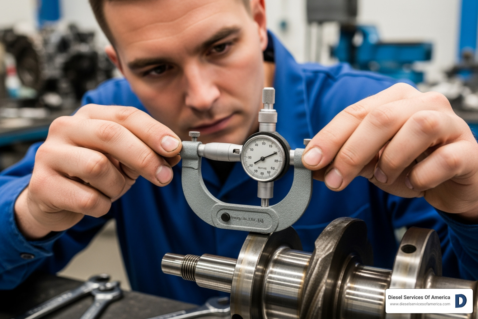 technician using a micrometer to measure a crankshaft journal - crankshaft repair shop technician using a micrometer to measure a crankshaft journal - crankshaft repair shop