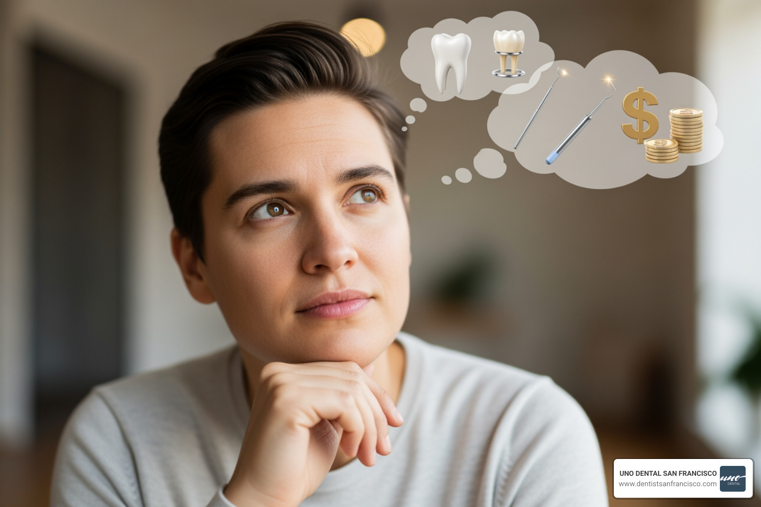 A person thoughtfully considering their dental health needs, with thought bubbles showing different dental procedures and financial considerations - dental savings plan vs insurance A person thoughtfully considering their dental health needs, with thought bubbles showing different dental procedures and financial considerations - dental savings plan vs insurance