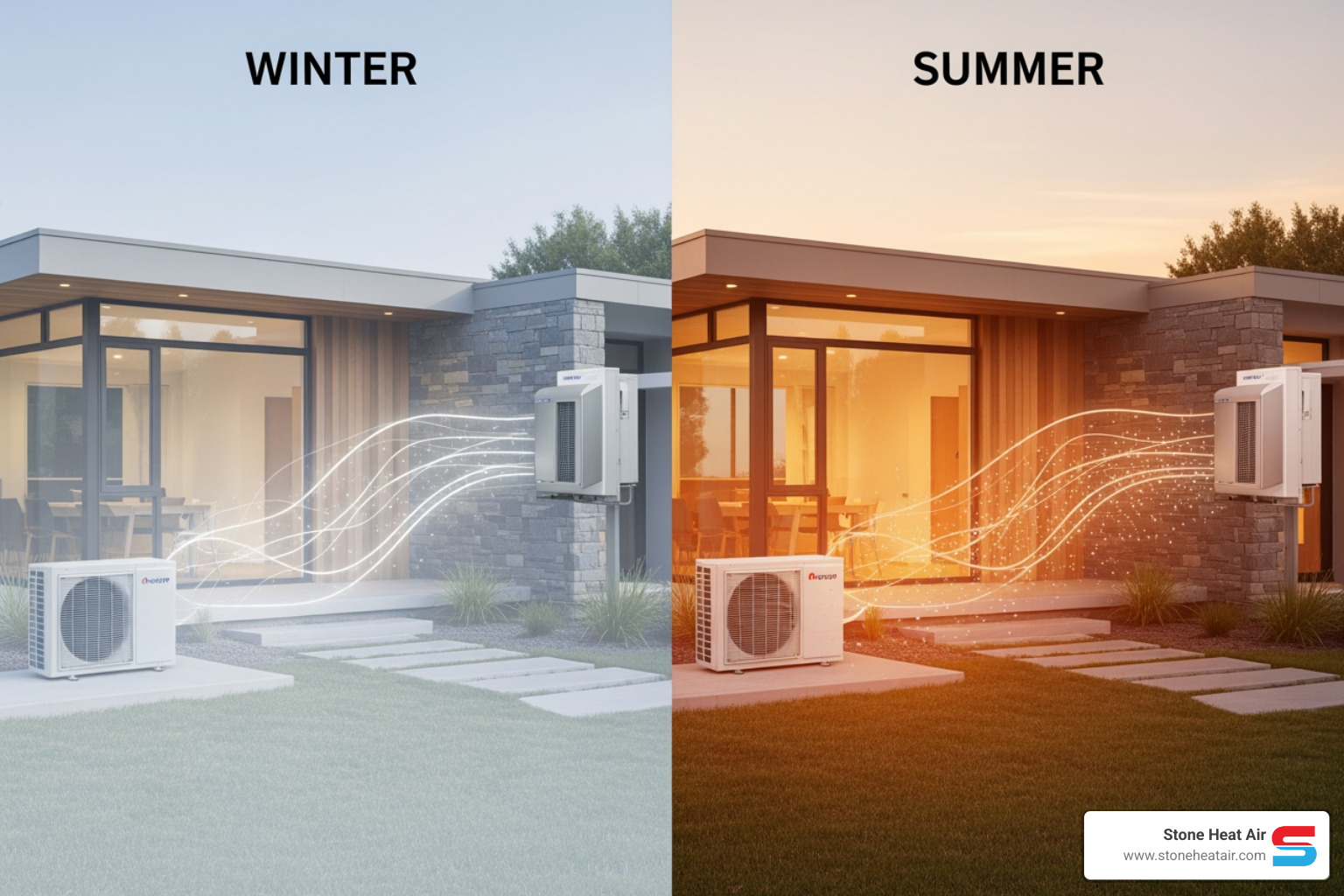 Infographic showing how heat pumps transfer heat into your home during winter and out of your home during summer, with labeled diagrams of the refrigerant cycle, indoor and outdoor units, and arrows indicating heat movement in both heating and cooling modes - "What are the best companies for a new heat pump installation in Central Point?"