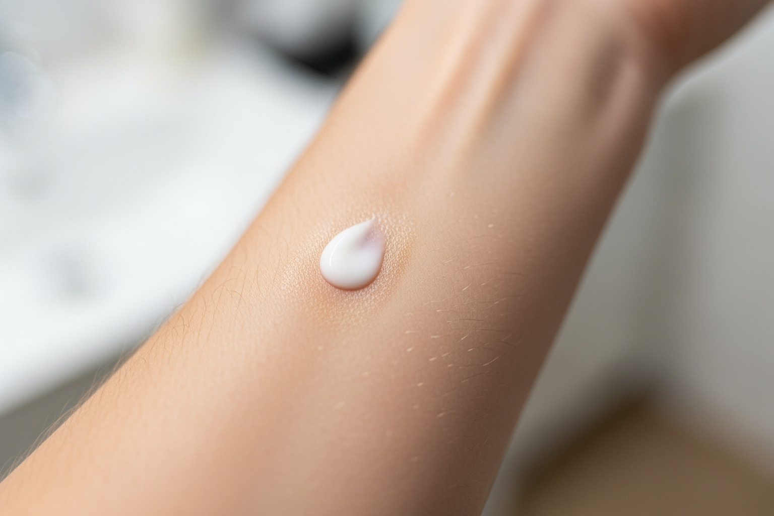 Person performing a patch test on their inner arm before applying a new lotion - lotion to relieve muscle pain