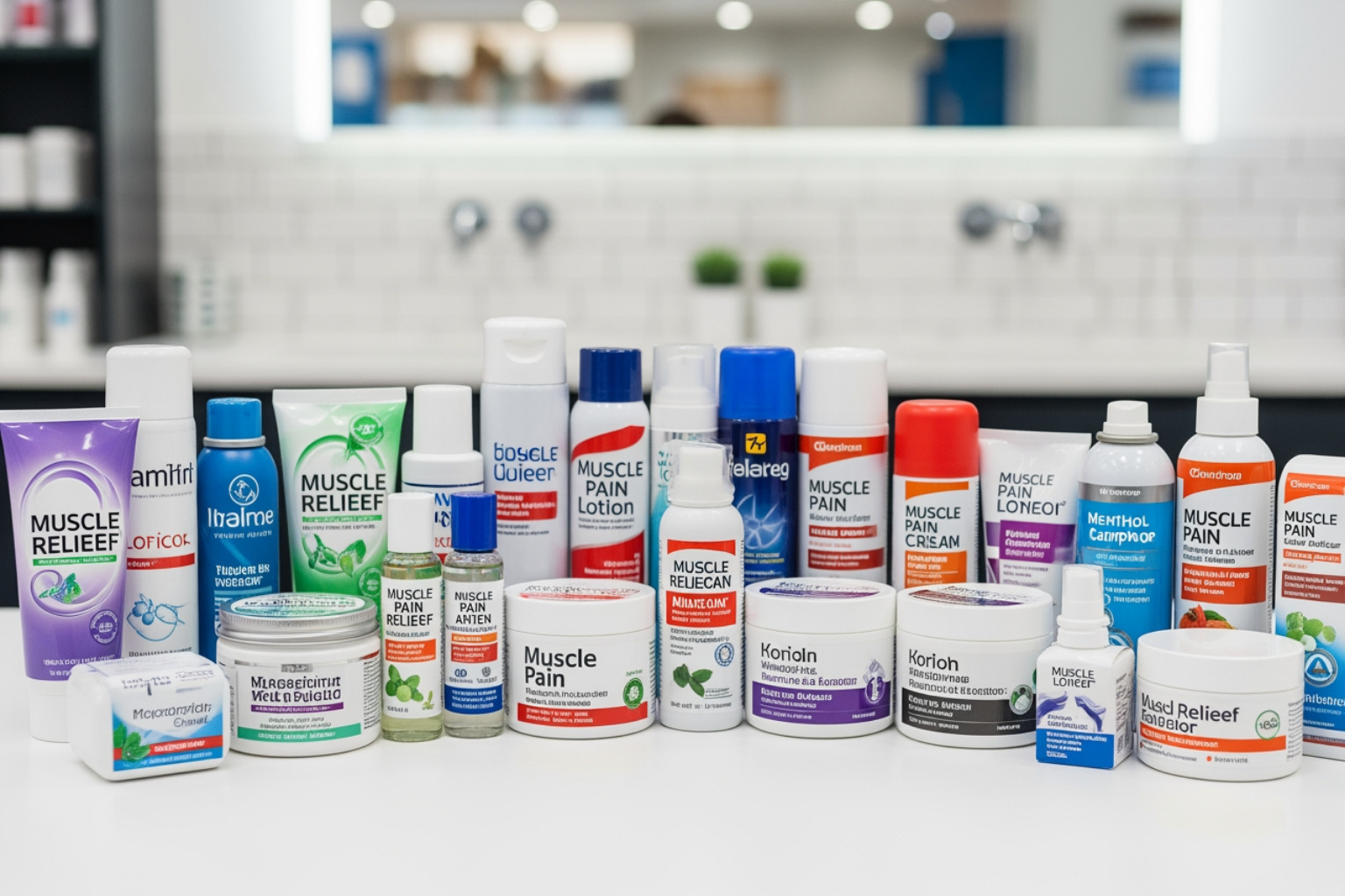 Various muscle pain relief lotions in different forms (cream, roll-on, spray) on a counter - lotion to relieve muscle pain