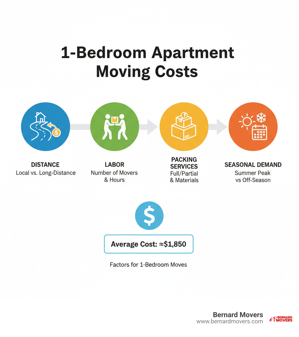 Infographic illustrating the key factors influencing the cost of moving a 1-bedroom apartment, such as distance, labor, packing services, and seasonal demand - moving company for 1 bedroom apartment infographic Infographic illustrating the key factors influencing the cost of moving a 1-bedroom apartment, such as distance, labor, packing services, and seasonal demand - moving company for 1 bedroom apartment infographic