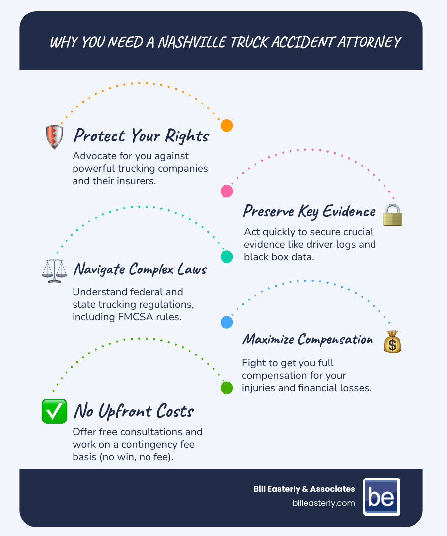 Infographic outlining key reasons to hire a Nashville truck accident attorney, including preserving evidence, navigating complex laws, fighting insurers, and seeking full compensation. - nashville truck accident attorney infographic infographic-line-5-steps-blues-accent_colors