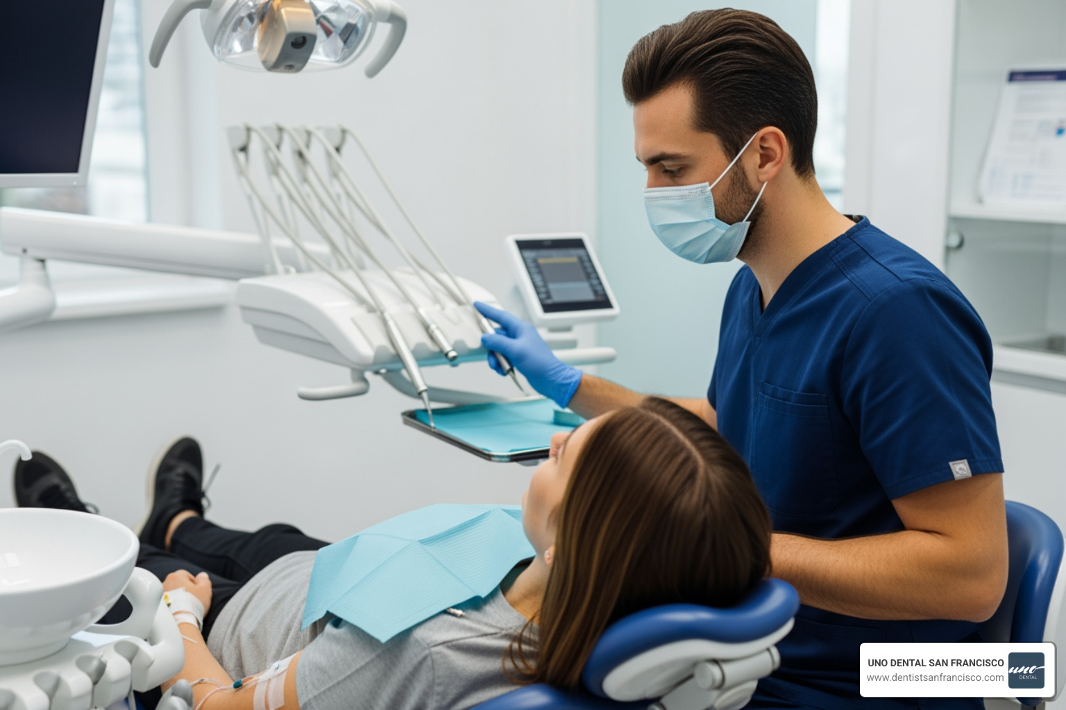 dental professional monitoring patient with IV line - sedation for dental procedures dental professional monitoring patient with IV line - sedation for dental procedures