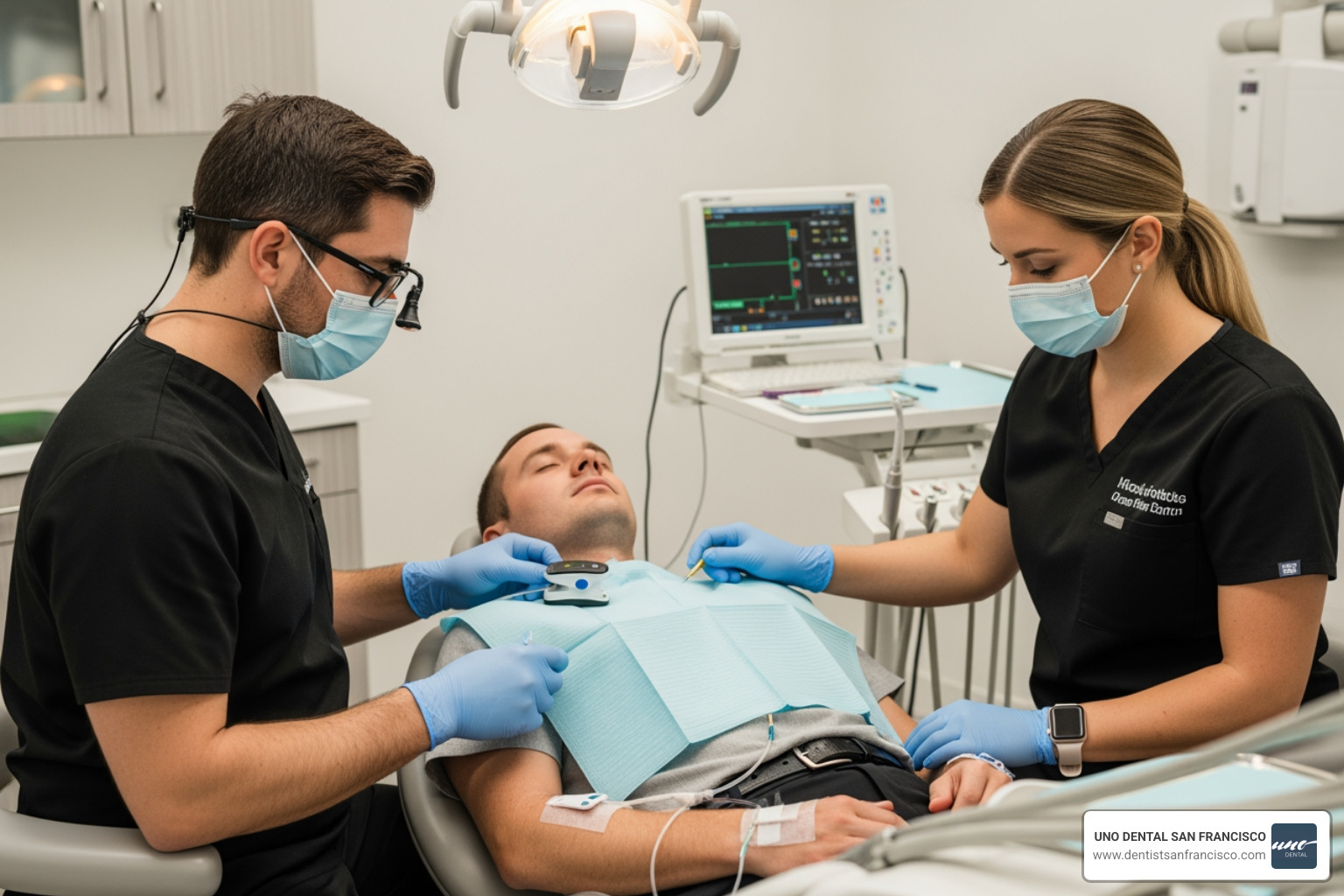 Dental team monitoring a sedated patient - sedation for root canal Dental team monitoring a sedated patient - sedation for root canal