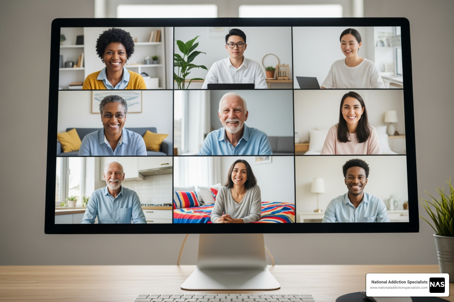 A diverse group of people participating in a virtual group therapy session on a screen, showing engaged faces and a sense of community. - Virtual Addiction Treatment A diverse group of people participating in a virtual group therapy session on a screen, showing engaged faces and a sense of community. - Virtual Addiction Treatment