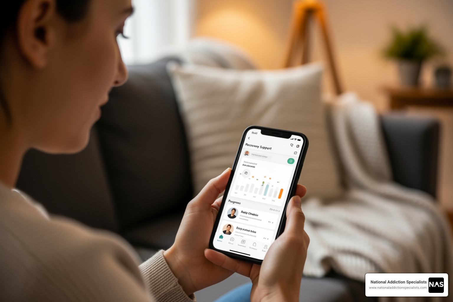 A person using a digital health app for recovery support on a smartphone, with a blurred background suggesting a calm home environment. - Virtual Addiction Treatment A person using a digital health app for recovery support on a smartphone, with a blurred background suggesting a calm home environment. - Virtual Addiction Treatment