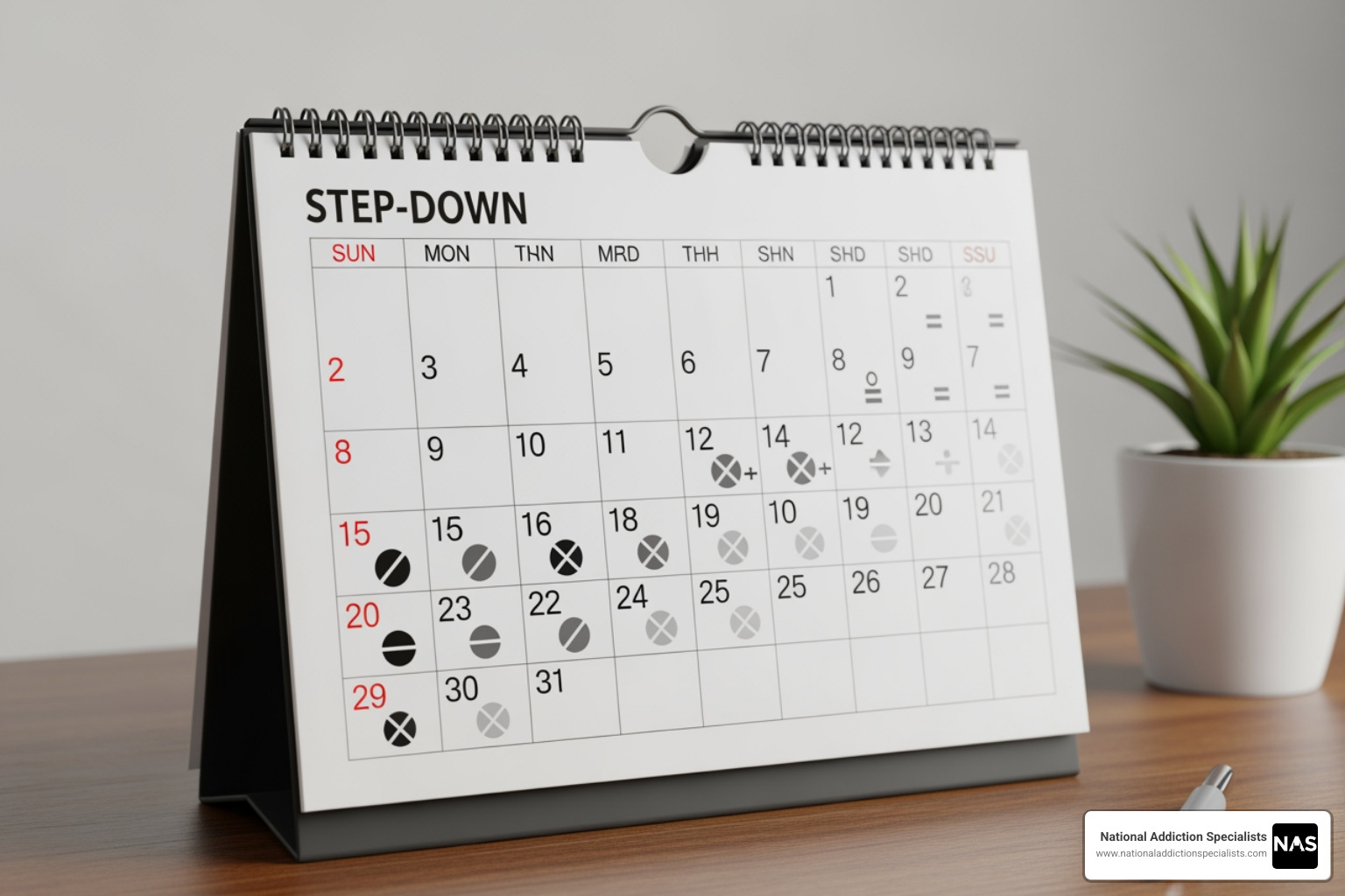Calendar showing a sample naltrexone-facilitated Suboxone taper schedule - can i use naltrexone to taper off suboxone without withdrawal Calendar showing a sample naltrexone-facilitated Suboxone taper schedule - can i use naltrexone to taper off suboxone without withdrawal