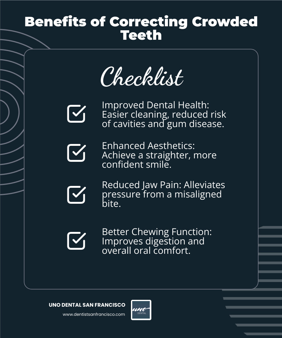 Infographic showing 5 key benefits of correcting crowded teeth: Improved Dental Health, Enhanced Aesthetics, Easier Cleaning, Reduced Jaw Pain, Better Chewing Function - invisalign for crowded teeth infographic checklist-dark-blue Infographic showing 5 key benefits of correcting crowded teeth: Improved Dental Health, Enhanced Aesthetics, Easier Cleaning, Reduced Jaw Pain, Better Chewing Function - invisalign for crowded teeth infographic checklist-dark-blue