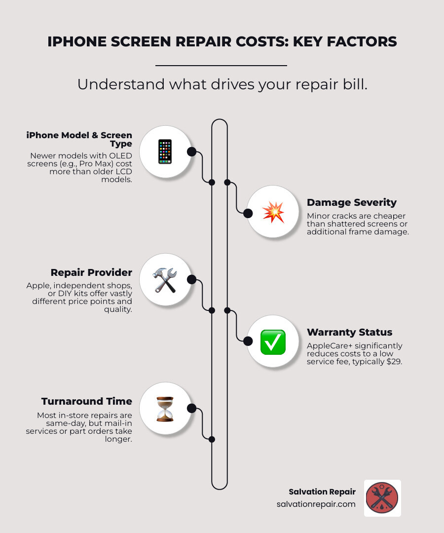 Infographic summarizing iPhone screen repair costs by model, repair type (Apple, third-party, DIY), and warranty status, highlighting factors like screen technology and damage severity, with typical cost ranges and turnaround times. - how much it cost to repair iphone screen infographic infographic-line-5-steps-elegant_beige