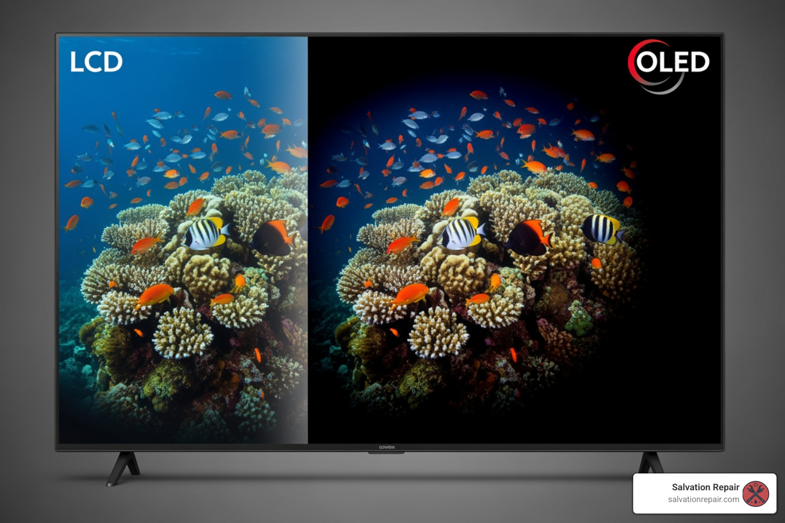 Side-by-side comparison of an LCD screen and a brighter, more vibrant OLED screen. - how much it cost to repair iphone screen