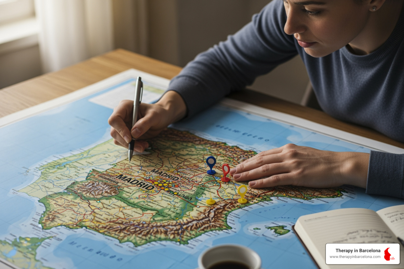 Person looking at a map of Spain with cities like Madrid, Barcelona, and Málaga highlighted - Expats living in Spain