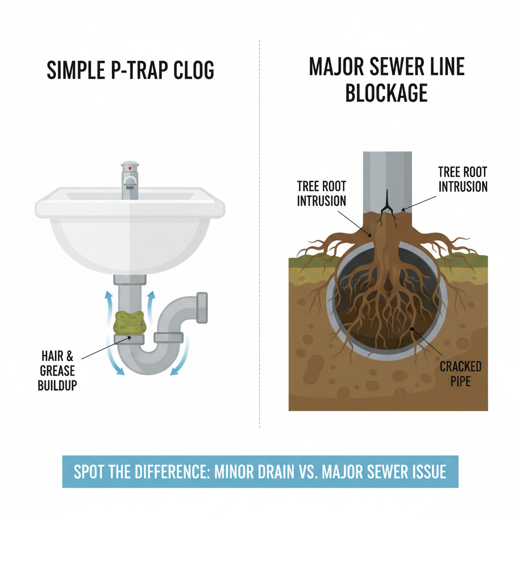 infographic comparing simple P-trap clog versus major sewer line blockage caused by tree root intrusion, showing cross-sections of both scenarios with labels - sewer pipe lining infographic infographic comparing simple P-trap clog versus major sewer line blockage caused by tree root intrusion, showing cross-sections of both scenarios with labels - sewer pipe lining infographic