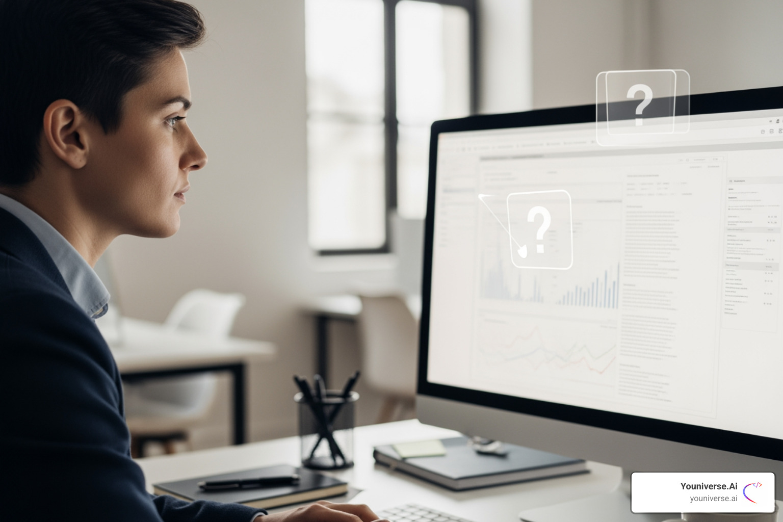person looking thoughtfully at a computer screen with question mark icon - professional email solutions