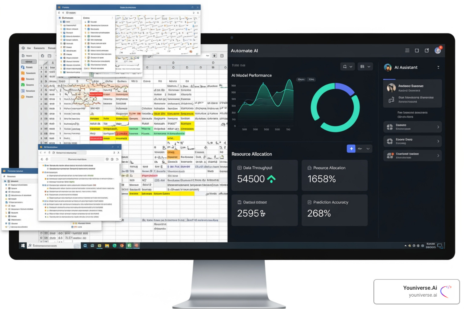 Split screen showing a chaotic, manual spreadsheet on one side and a clean, automated AI dashboard on the other - AI site migration