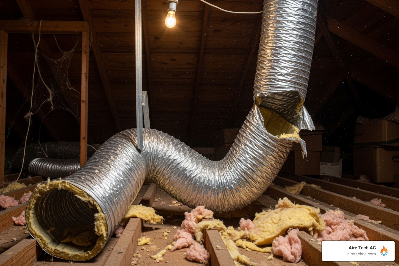 damaged or disconnected flexible ductwork in a dusty attic - Why Your HVAC Technician Wants to Inspect Your Attic