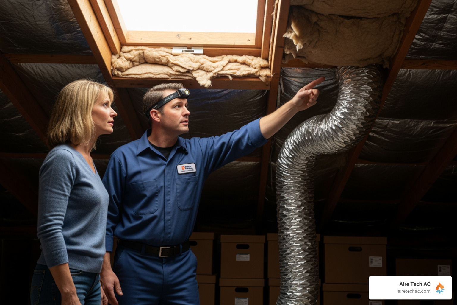 an Aire Tech AC technician pointing out an issue like low insulation or a disconnected duct to a homeowner - Why Your HVAC Technician Wants to Inspect Your Attic
