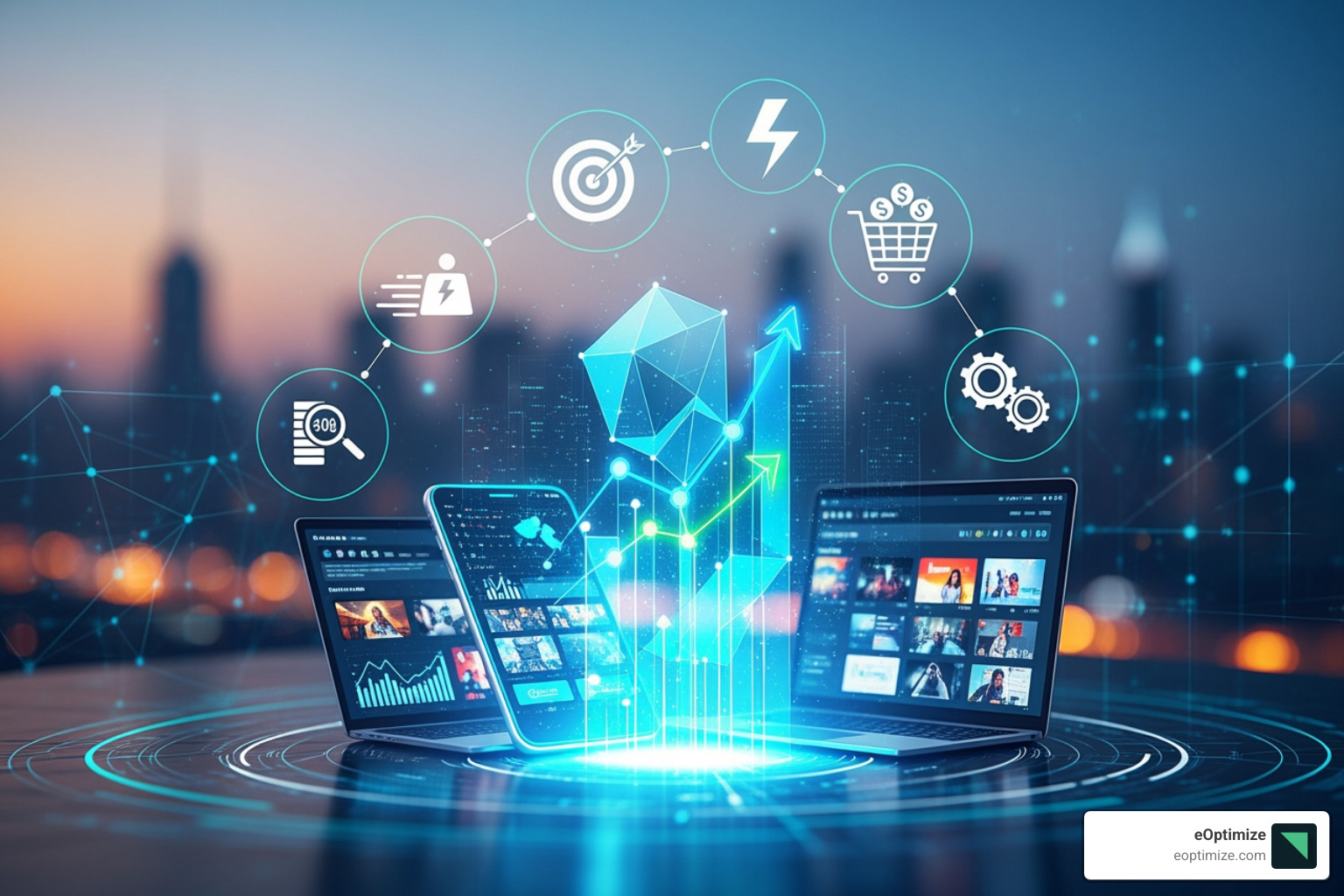 Various device screens (laptop, phone, tablet) showing different performance marketing channels such as search ads, social media ads, and affiliate blogs - Performance marketing solutions