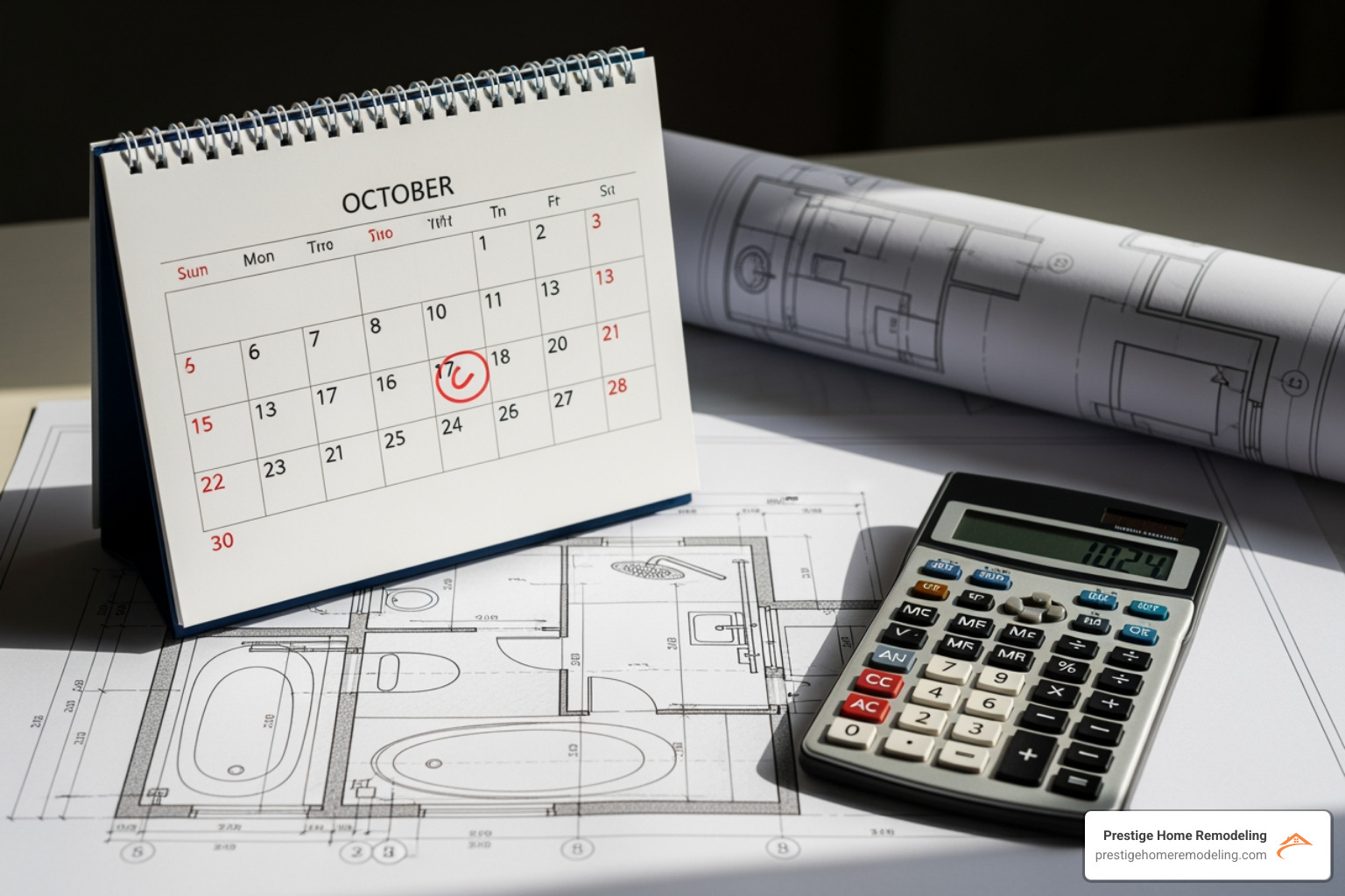 Calendar and calculator over a bathroom blueprint - bathroom remodeling Timonium