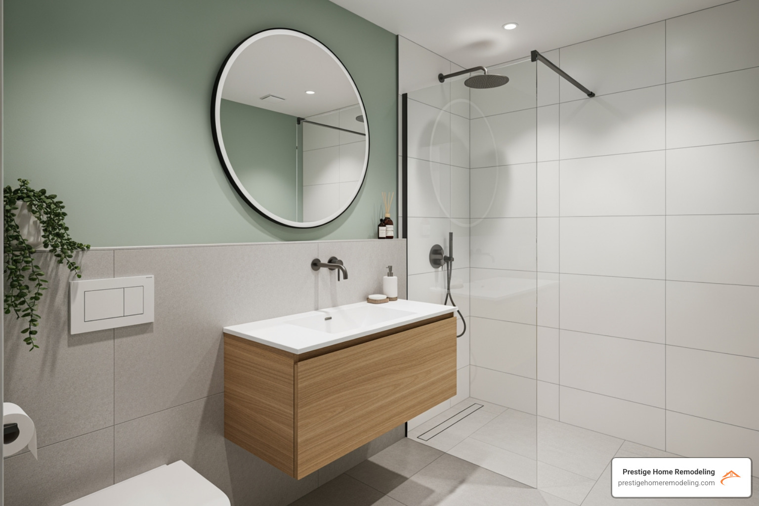 Stylish small bathroom maximizing space with a floating vanity and glass shower door - bathroom remodeling Timonium