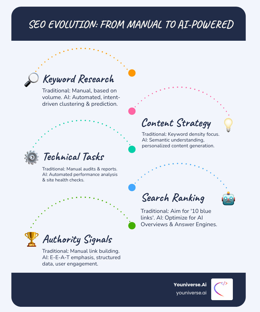 Infographic comparing Traditional SEO and AI SEO, showing key differences in approach and focus areas. Traditional SEO features 'Manual Research', 'Keyword Density', 'Link Building (Manual)'. AI SEO features 'Automated Analysis', 'Semantic Understanding', 'Content Personalization', 'AI Search Optimization'. - AI website SEO infographic infographic-line-5-steps-blues-accent_colors
