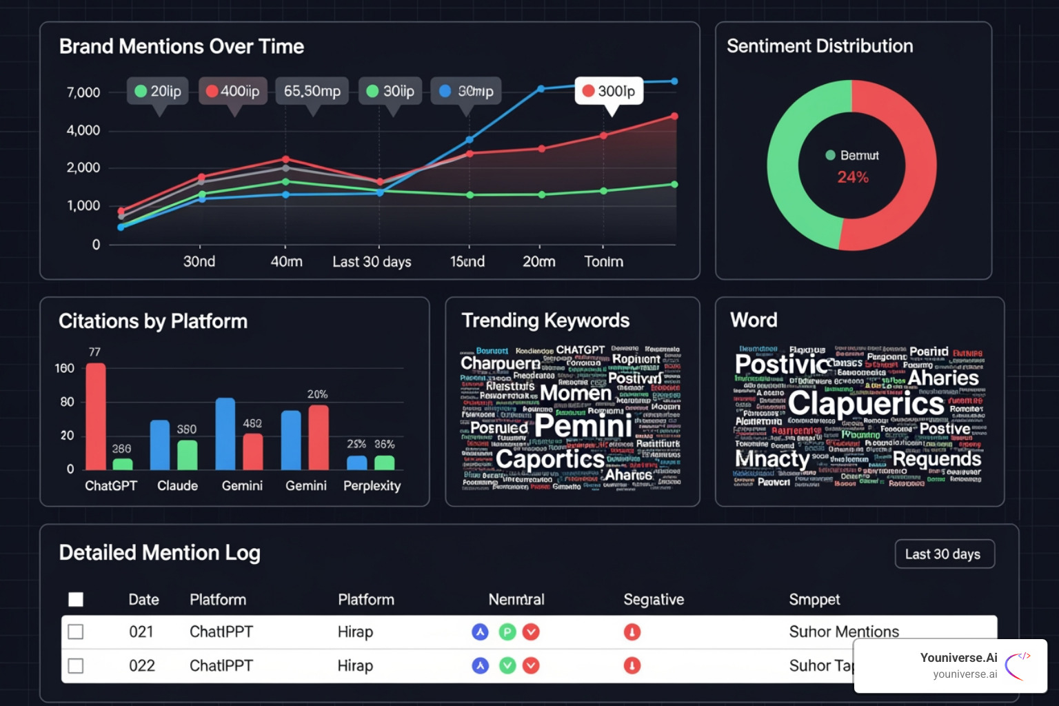 A dashboard tracking brand mentions across different AI chatbots, showing positive sentiment and citation frequency. - AI website SEO