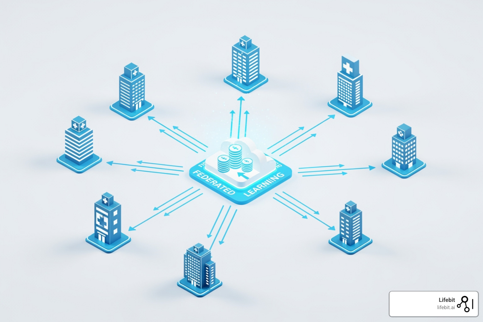 A network of interconnected hospital data systems, with arrows flowing into a central, secure platform, representing federated learning - ai for real-world evidence