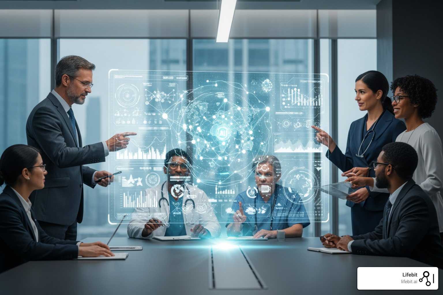 Healthcare stakeholders (biopharma, payors, providers, policymakers, patients) collaborating around a central data hub, symbolizing shared insights from AI-driven RWE - ai for real-world evidence