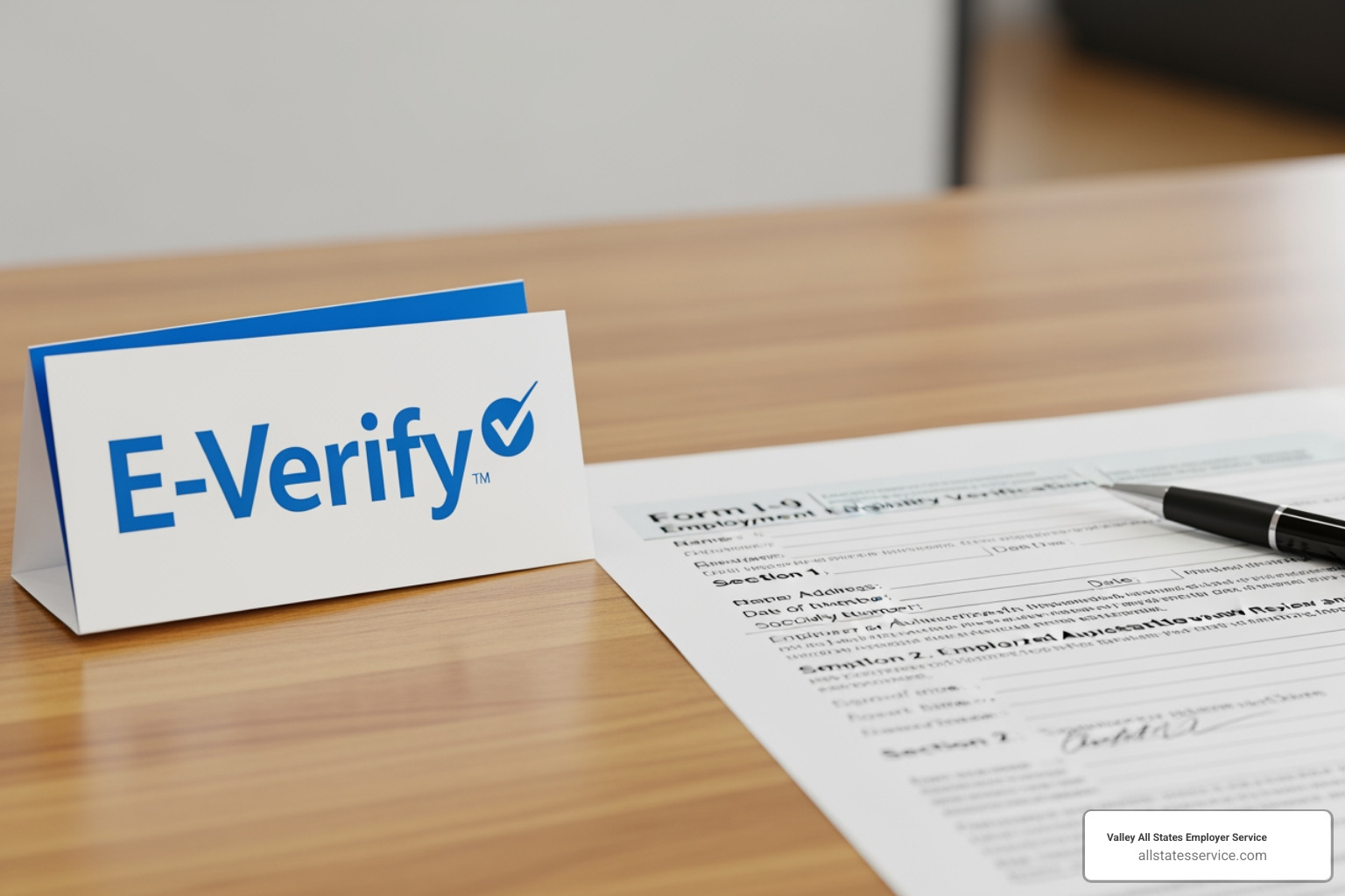 The E-Verify logo next to a partially completed Form I-9 - automated eligibility verification system aevs The E-Verify logo next to a partially completed Form I-9 - automated eligibility verification system aevs