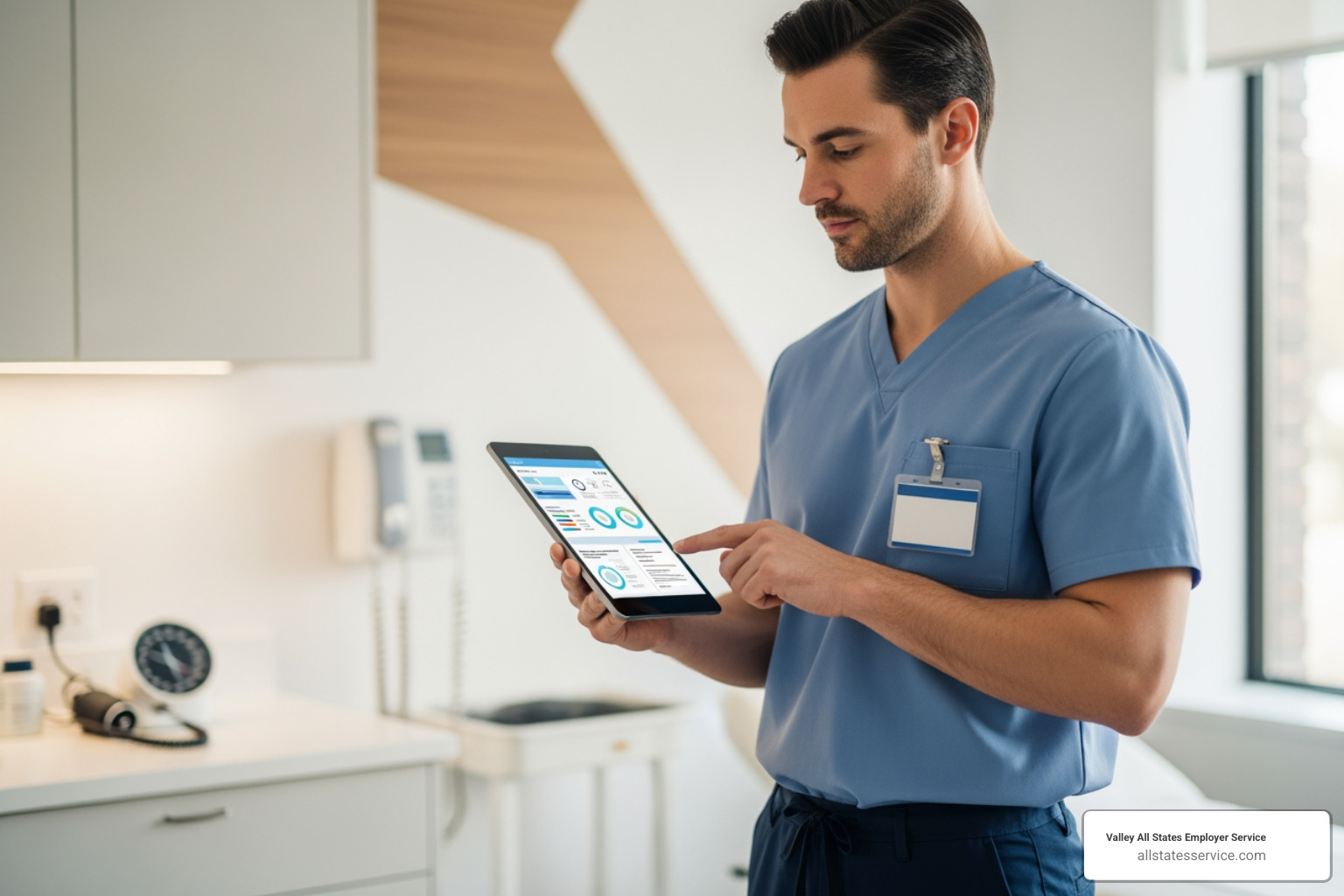 A healthcare provider using a tablet to check patient eligibility in a modern clinic setting - automated eligibility verification system aevs A healthcare provider using a tablet to check patient eligibility in a modern clinic setting - automated eligibility verification system aevs