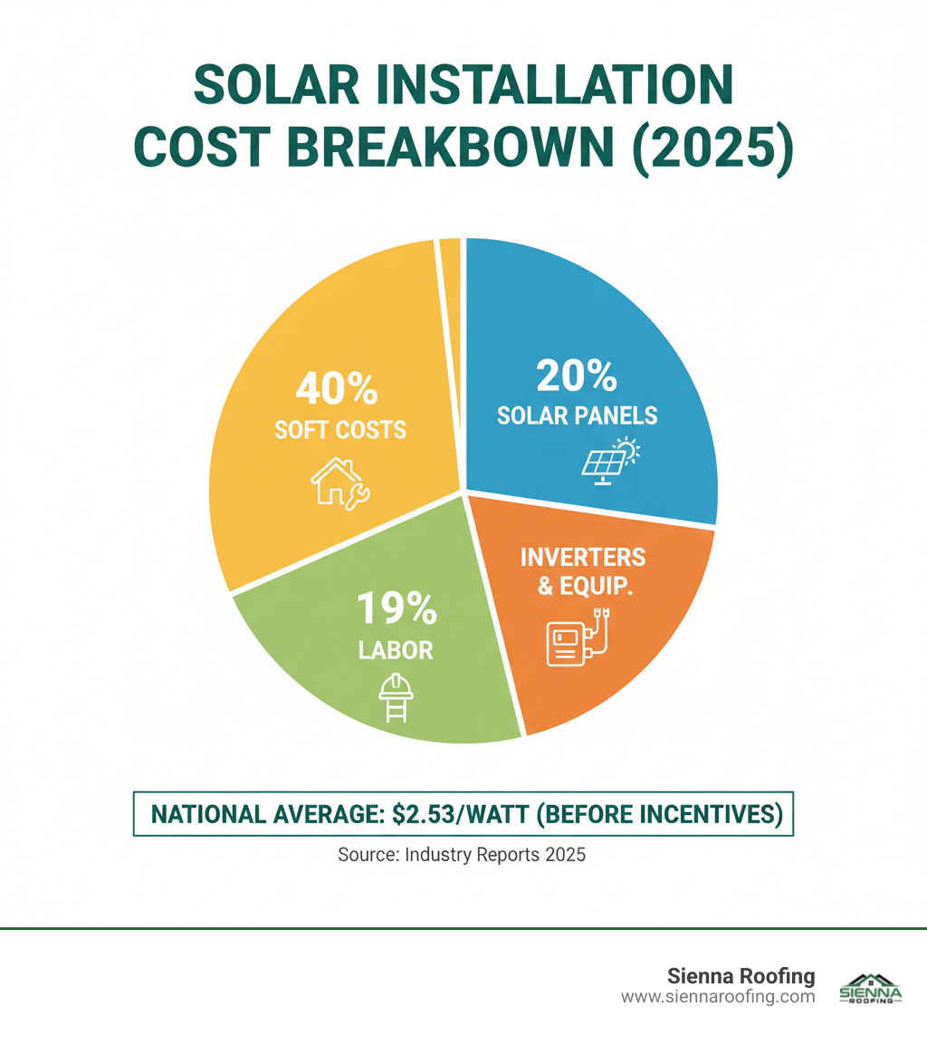 Infographic showing solar cost breakdown percentages for panels, inverters, labor, and soft costs - cost to add solar panels infographic 