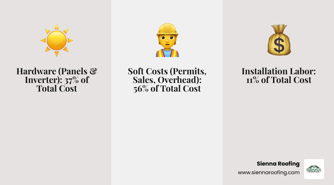 Infographic illustrating installation challenges on a complex roof with multiple angles and a chimney - cost to add solar panels infographic 3_facts_emoji_grey