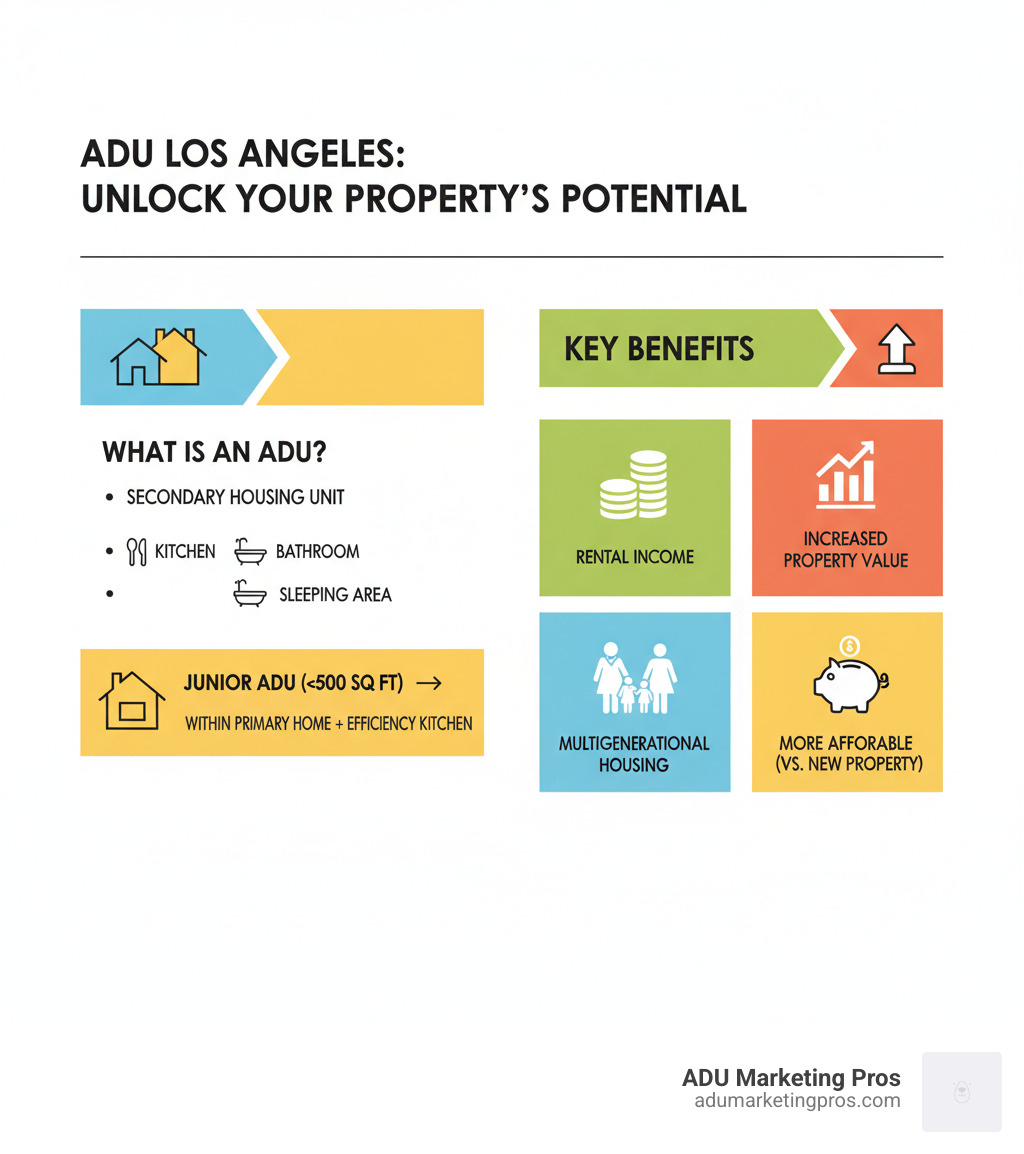 Infographic showing the definition of an Accessory Dwelling Unit as a secondary housing unit with independent living facilities including kitchen, bathroom, and sleeping area; Junior Accessory Dwelling Unit defined as units under 500 square feet within the primary home with efficiency kitchen; and key benefits including rental income potential, increased property value, multigenerational housing solution, and more affordable than buying new property - Accessory Dwelling Unit Los Angeles infographic 