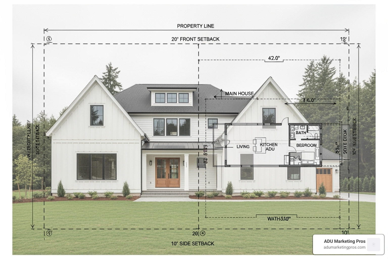 A blueprint overlaying a photo of a residential property, with setback lines and dimensions highlighted. - Accessory Dwelling Unit Los Angeles
